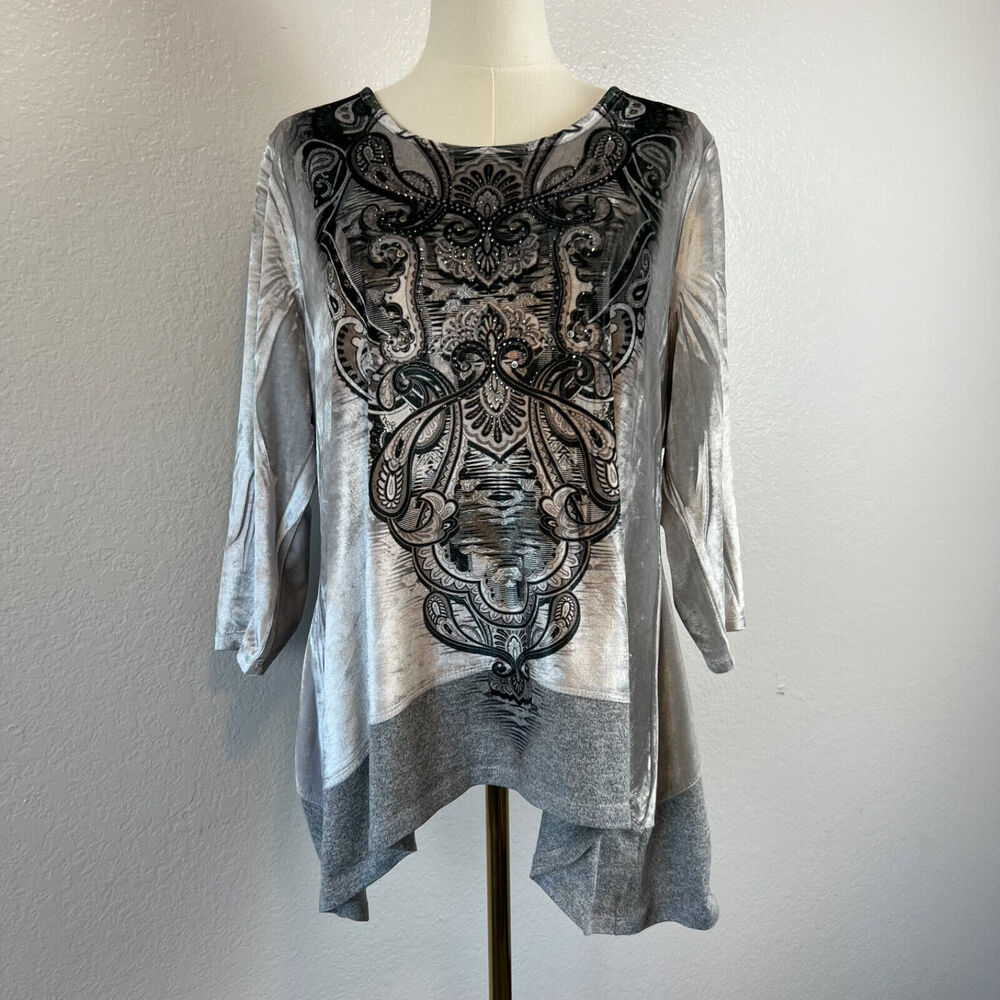 Whimsigoth One World Top Womens 1X‎ Grey Velvet Rhinestone Boho Flowy Y2K Fairy